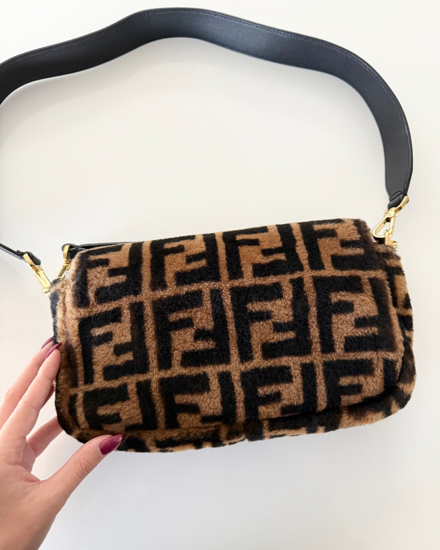 Fendi Limited Edition Shearling Macro FF Black/Tobacco Baguette