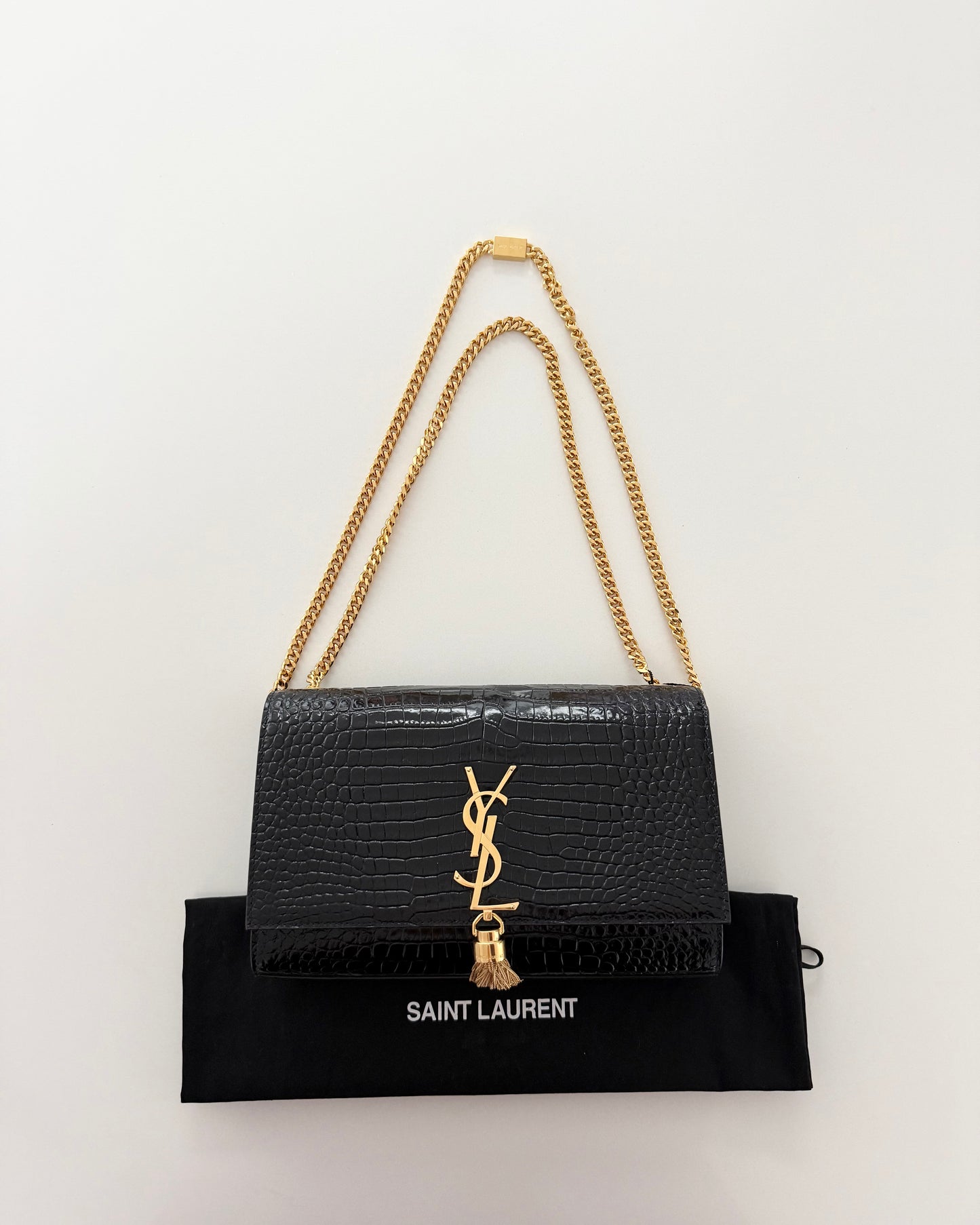 Saint Laurent Black Croc Embossed Patent Leather Medium Kate