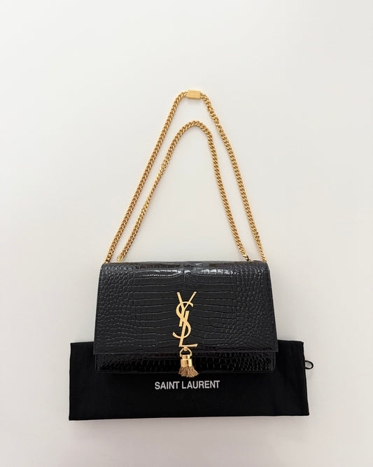 Saint Laurent Black Croc Embossed Patent Leather Medium Kate