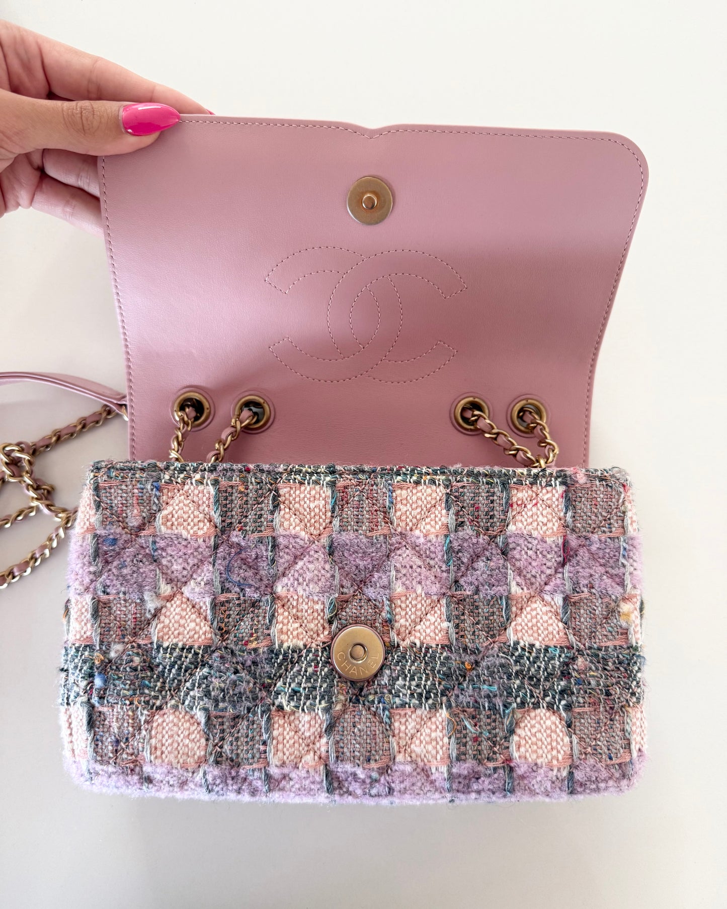 Chanel Pink and Multicolor Tweed Filagree Flap Bag