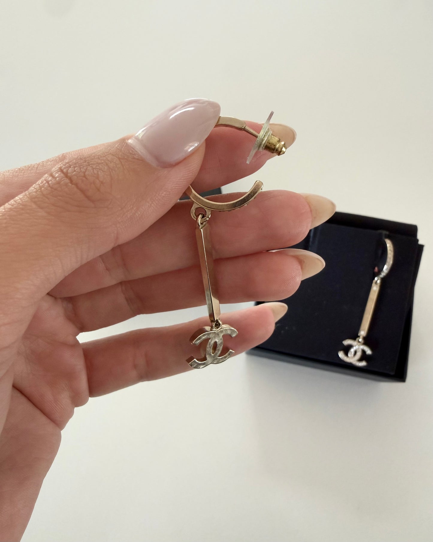 Chanel Goldtone and Crystal Hoop Bar Drop Logo Earrings from 21P