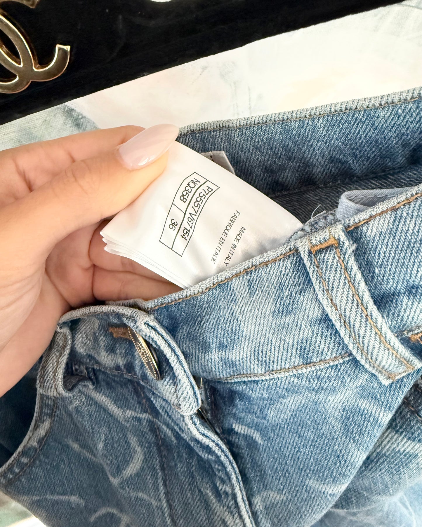Chanel Runway from 23B Blue Logo Baggy Denim with Gold Logos on Back Pockets size 36