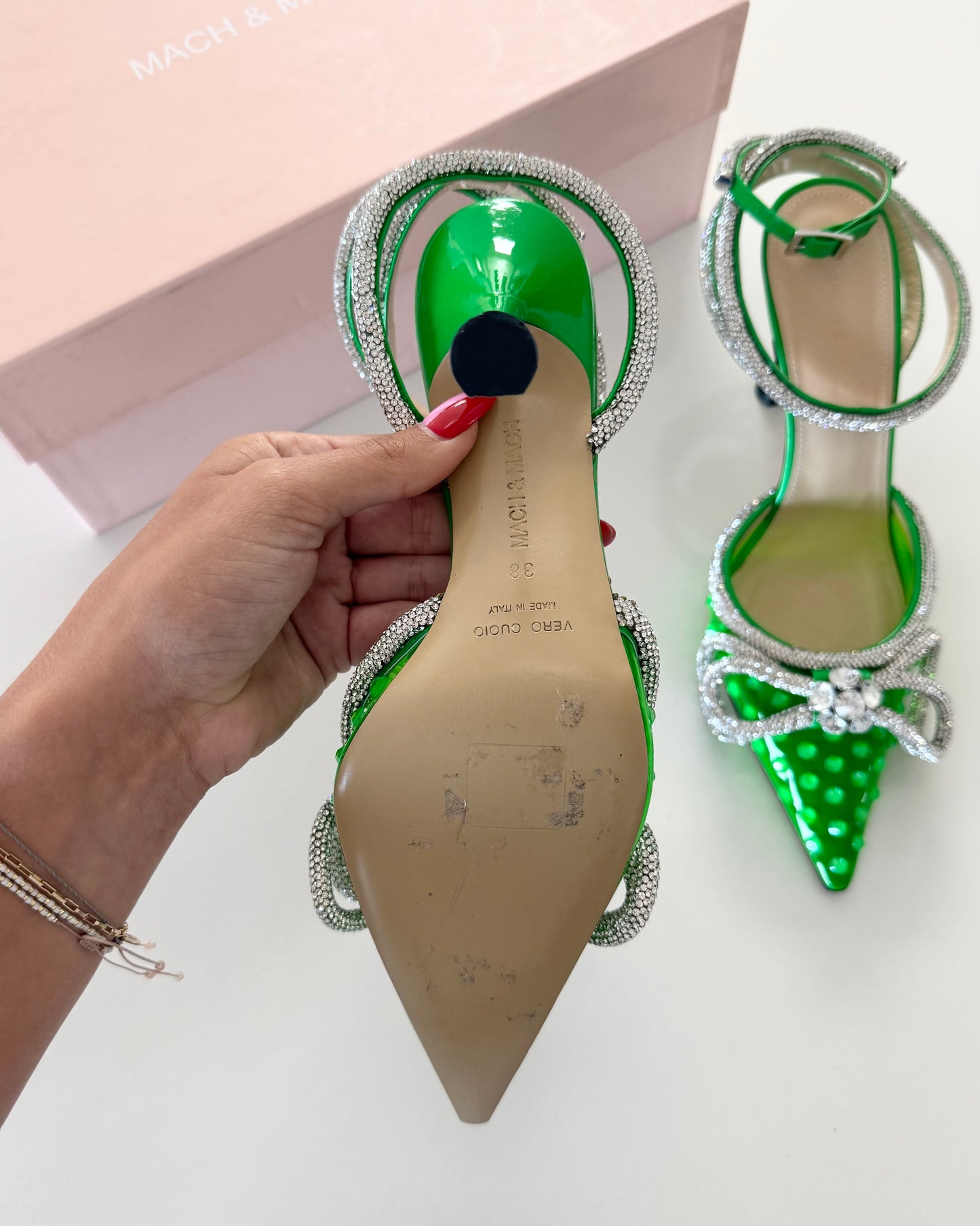 Mach & Mach Limited Edition Green PVC Spotted Double Wrap Bow Embellished Pumps