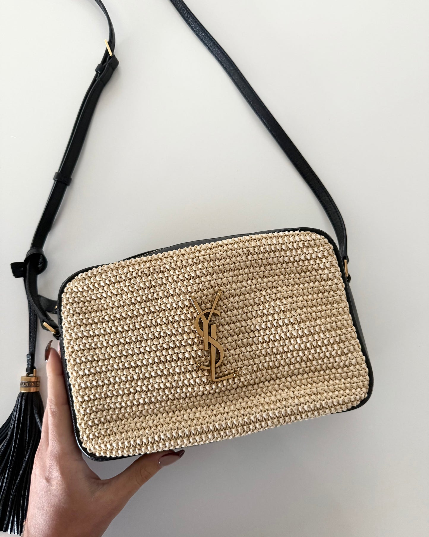 Saint Laurent Black Leather and Raffia Lou Camera Bag