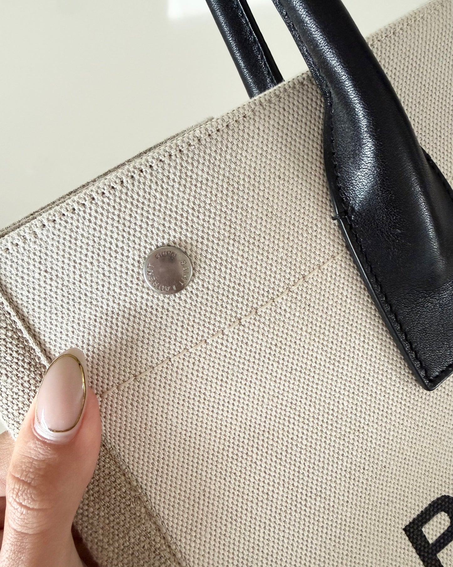 Saint Laurent Linen and Black Leather Rive Gauche Tote Bag