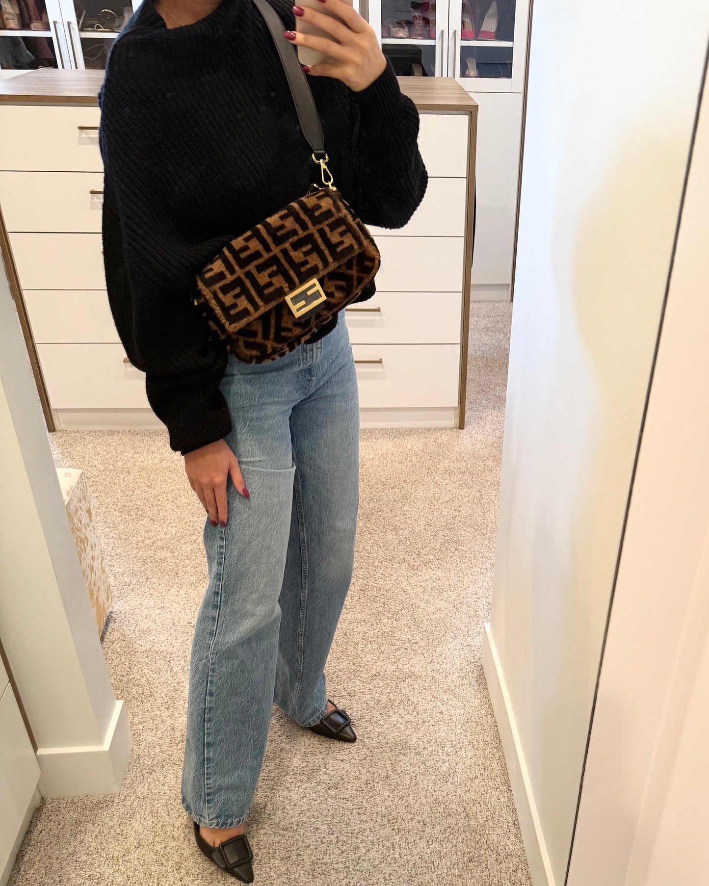 Fendi Limited Edition Shearling Macro FF Black/Tobacco Baguette