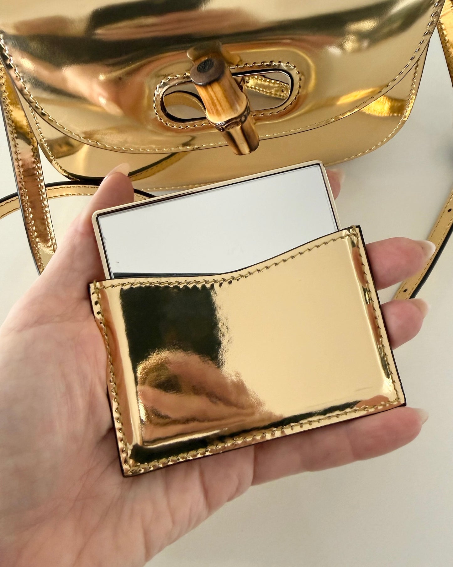 Gucci Limited Edition Gold Metallic Patent Leather Mini 1947 Bamboo Top Handle Bag