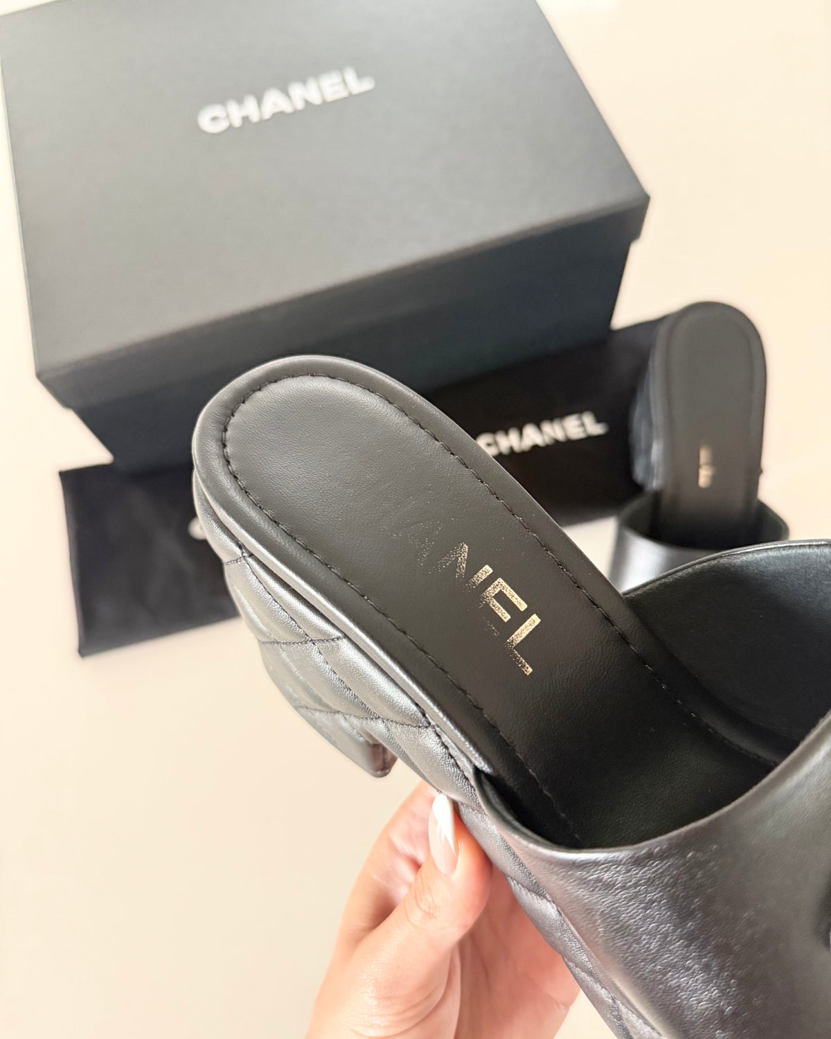 Chanel Black Quilted Platform Logo Heeled Mules Size 40