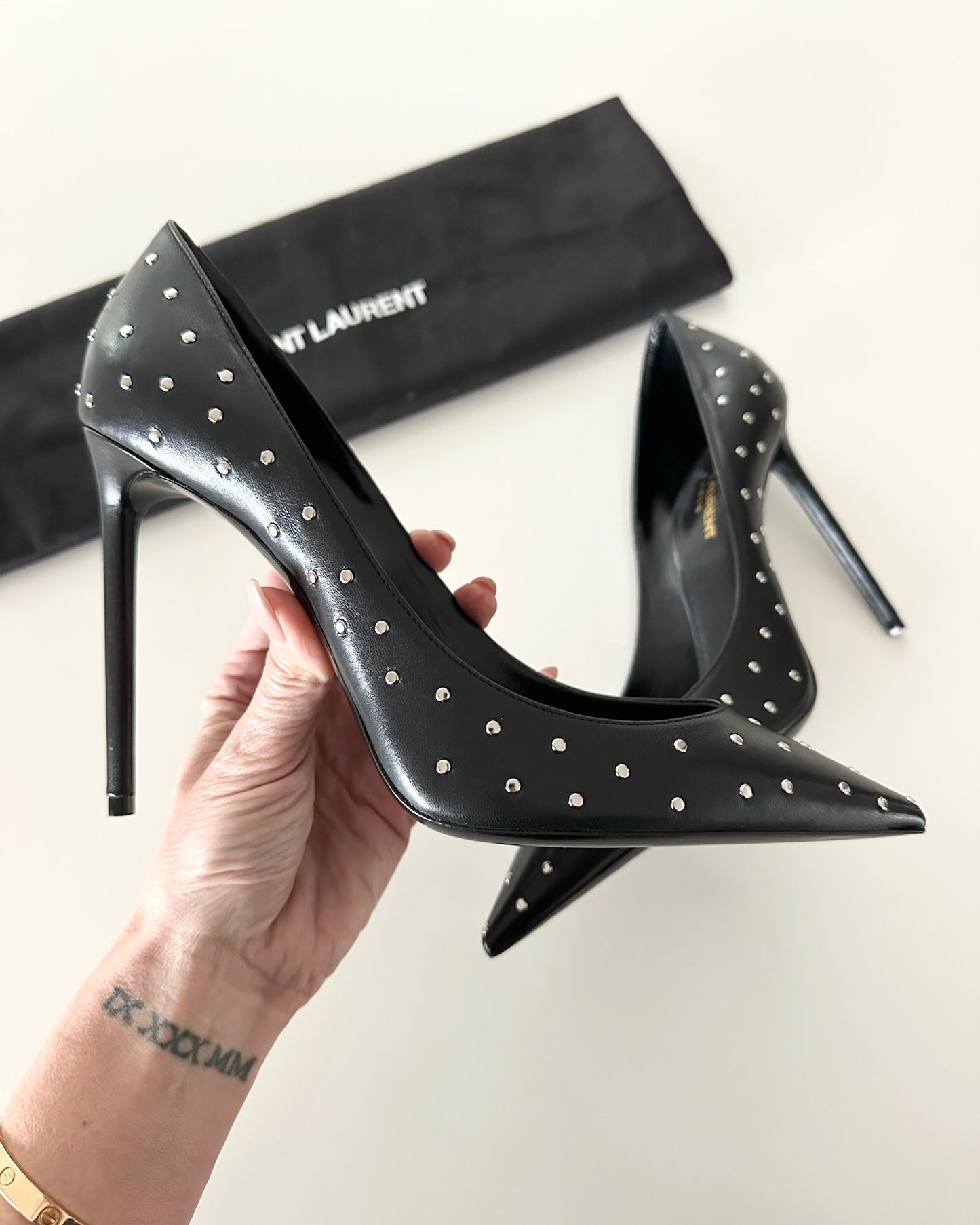 Saint Laurent Black Leather Studded Pumps Size 8/38.5