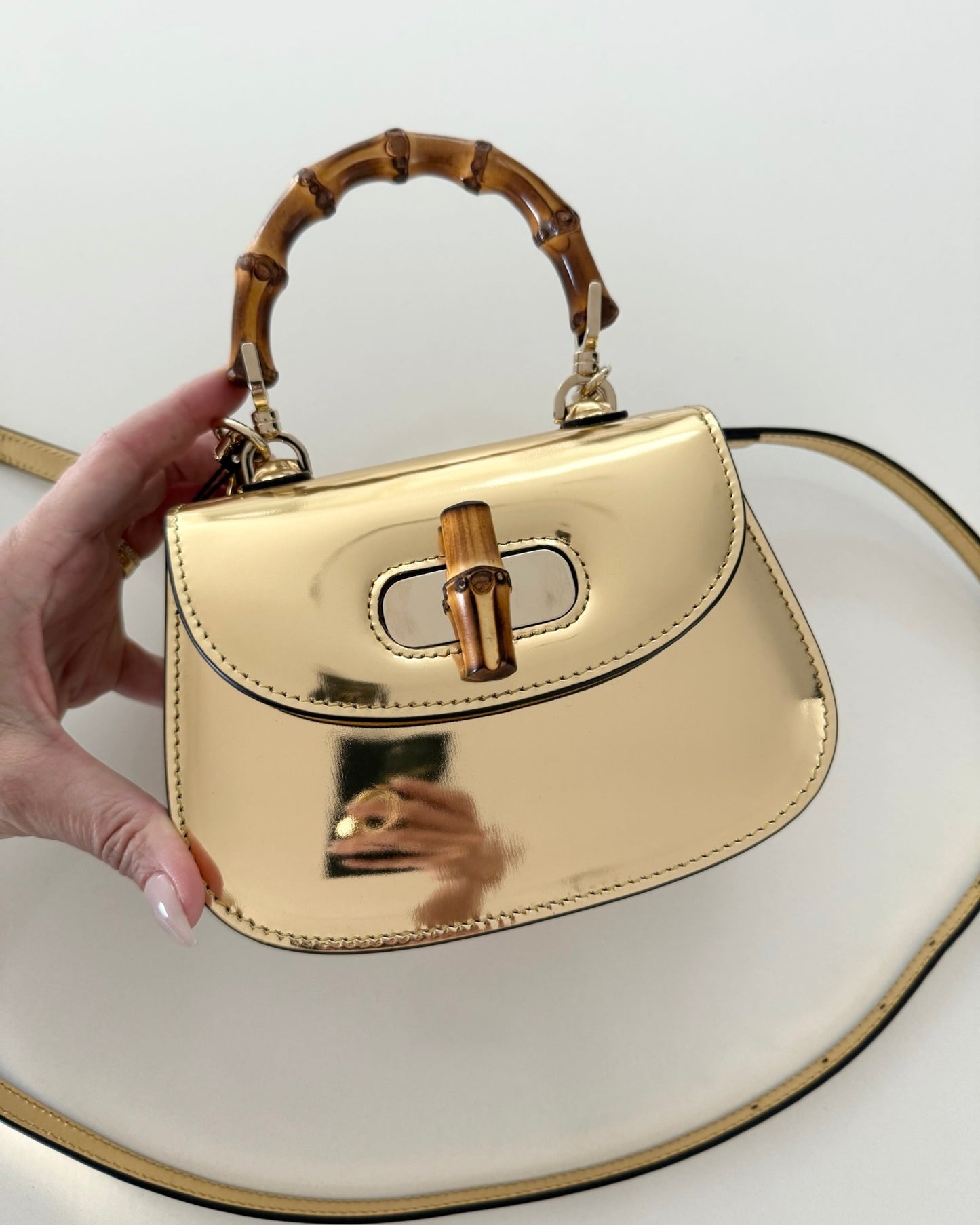 Gucci Limited Edition Gold Metallic Patent Leather Mini 1947 Bamboo Top Handle Bag