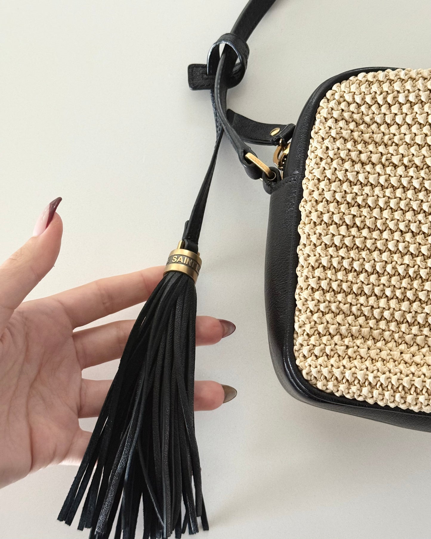 Saint Laurent Black Leather and Raffia Lou Camera Bag