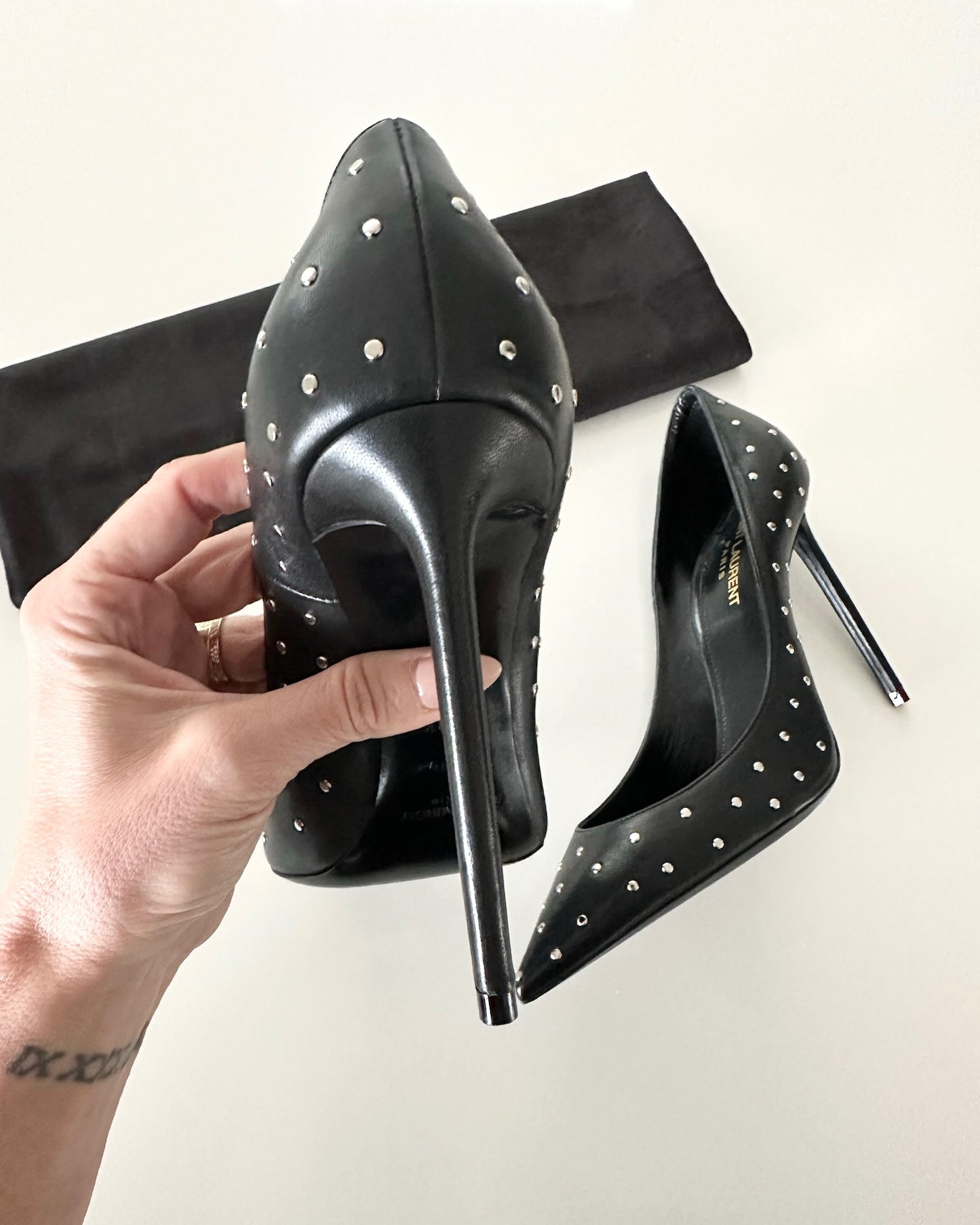 Saint Laurent Black Leather Studded Pumps Size 8/38.5
