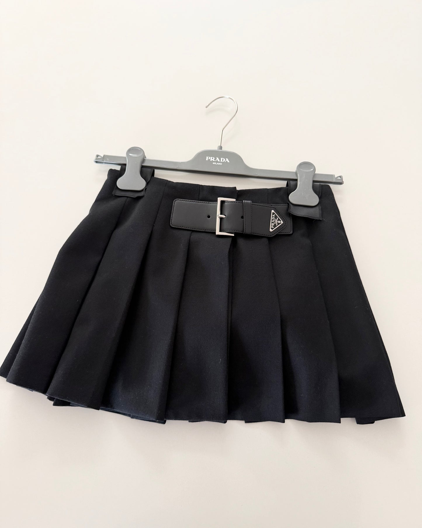 Prada Pleated Black Virgin Wool Belted Mini Skirt Size 36