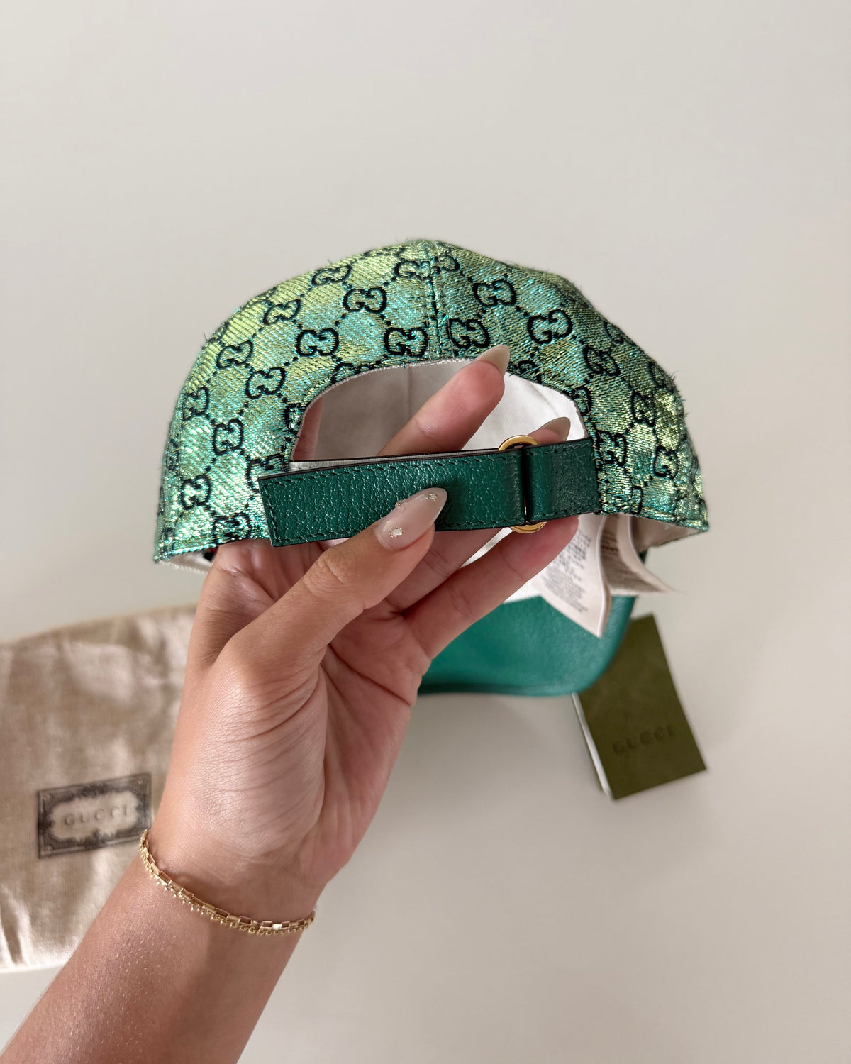 Gucci Limited Edition Green Metallic Logo Baseball Hat Size S