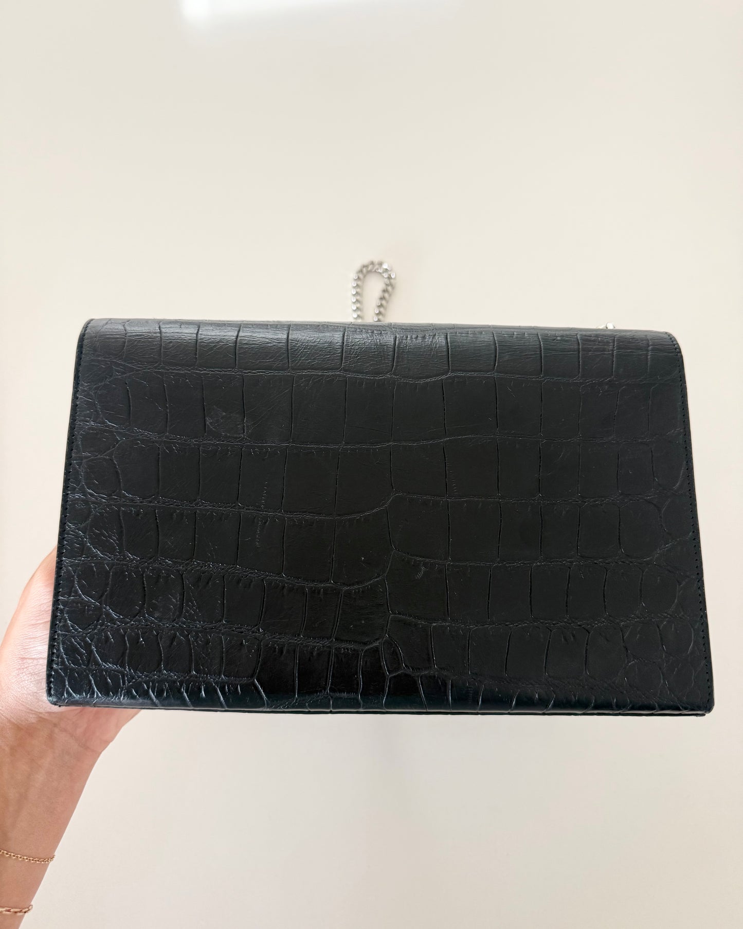 Saint Laurent Black Croc Embossed Medium Kate Tassel Bag
