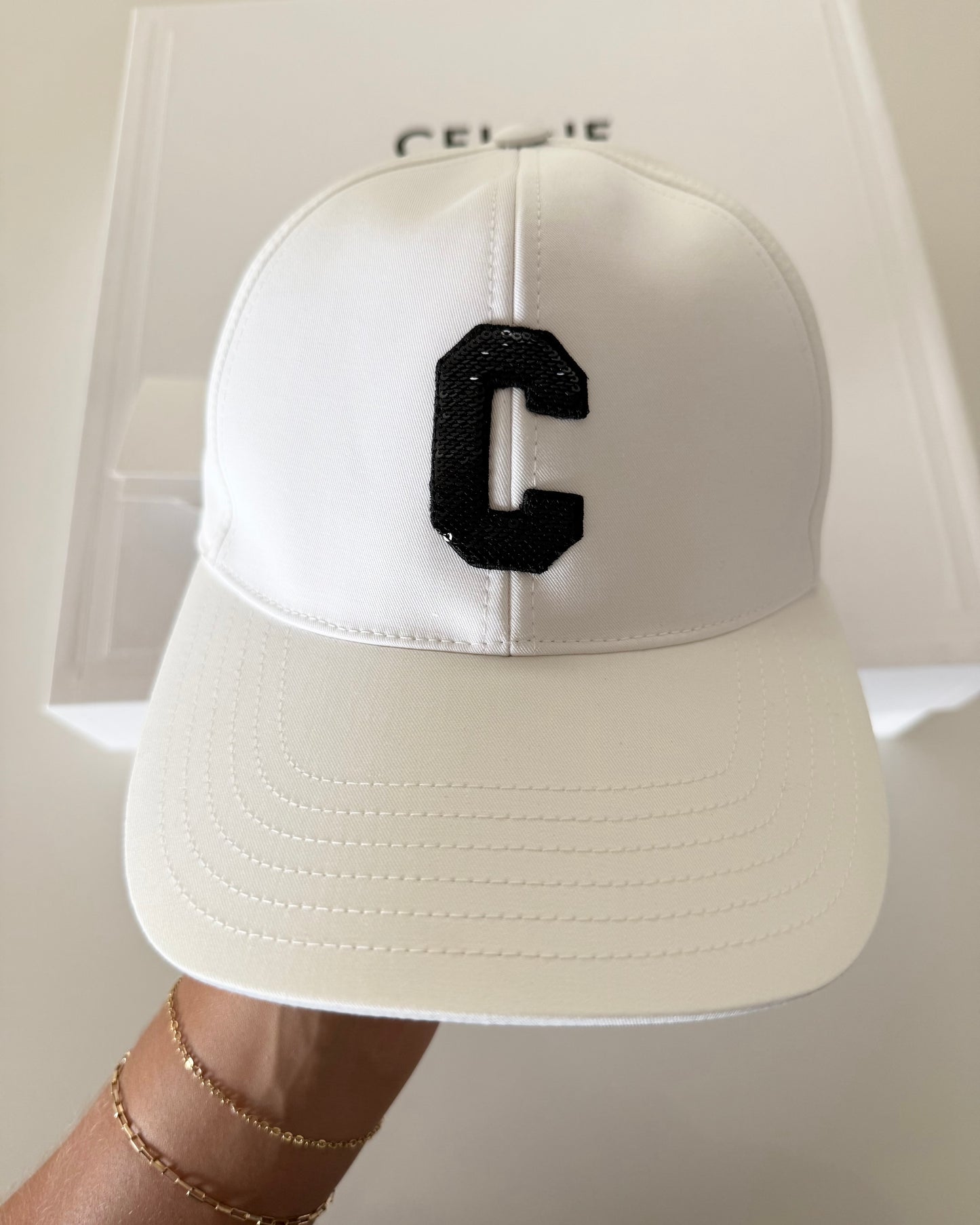 Celine White Cotton and C Logo Sequin Hat Size Small