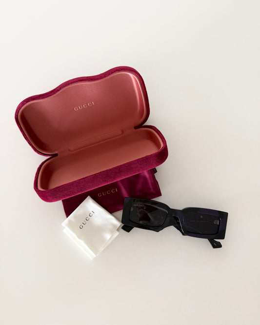 Gucci Black + Purple Tortoise Rectangular Sunglasses