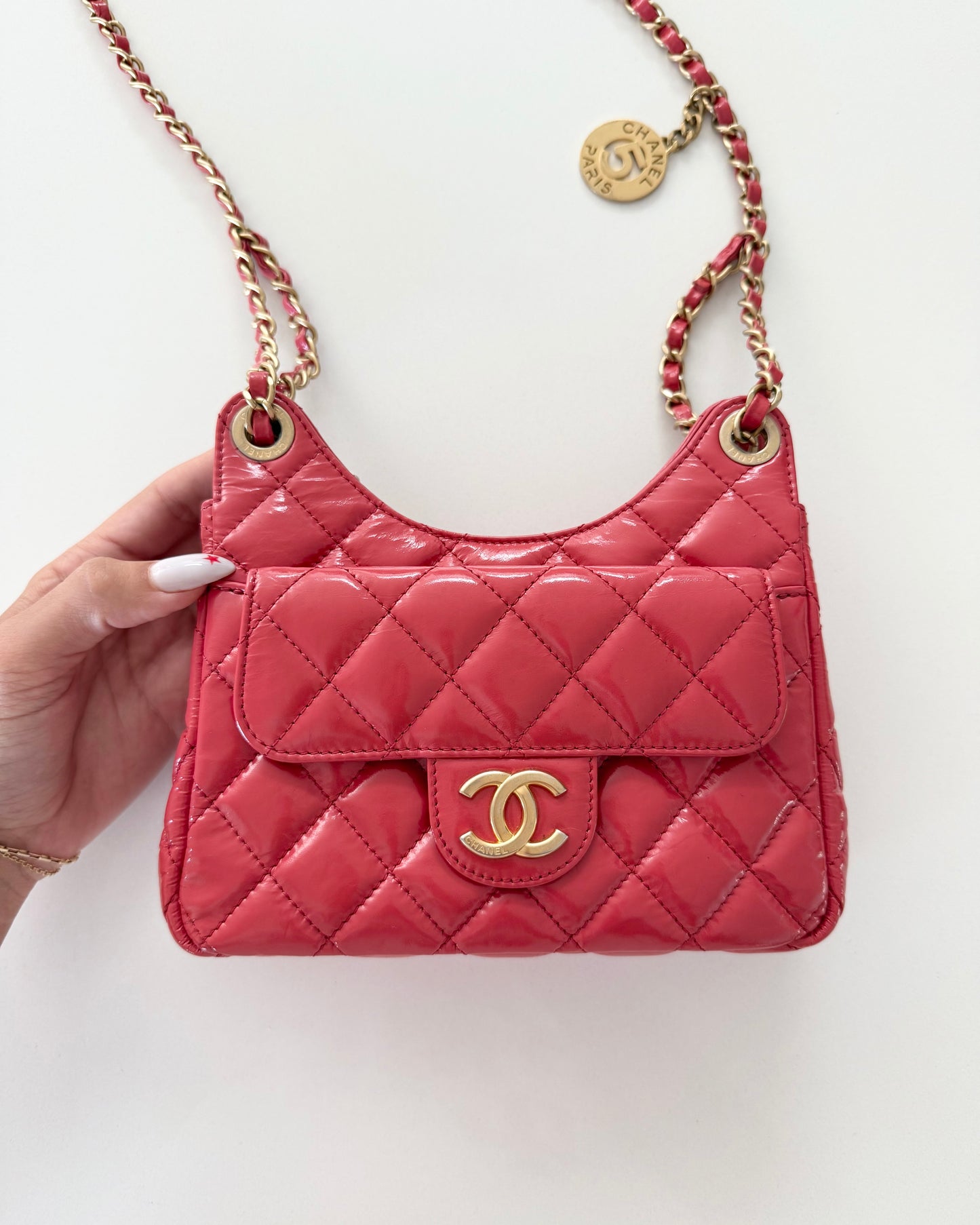 Chanel Coral Shiny Leather Small Wavy Hobo