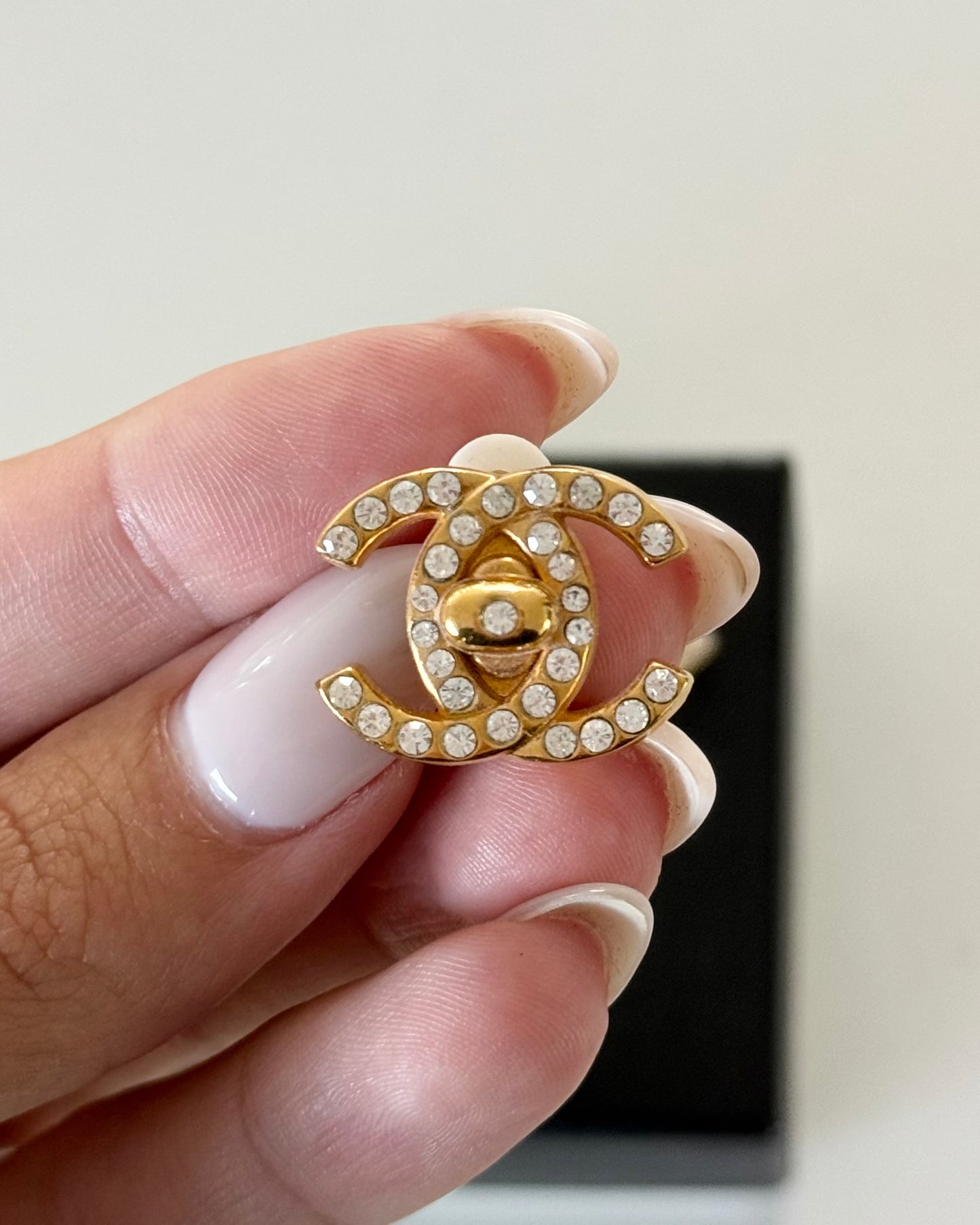 Chanel Vintage Crystal and Goldtone Turnlock Clip Earrings from 1996
