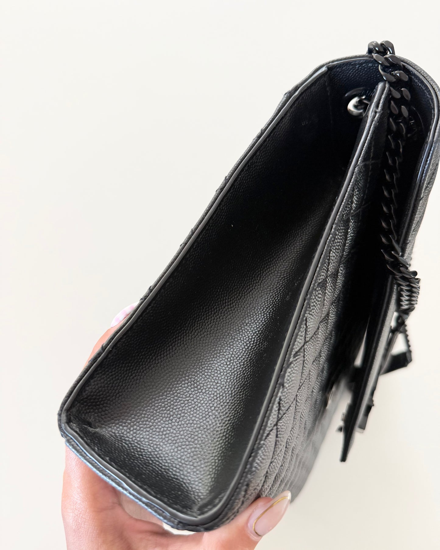 Saint Laurent All Black Grained Leather Matelasse Triquilt Flap Bag