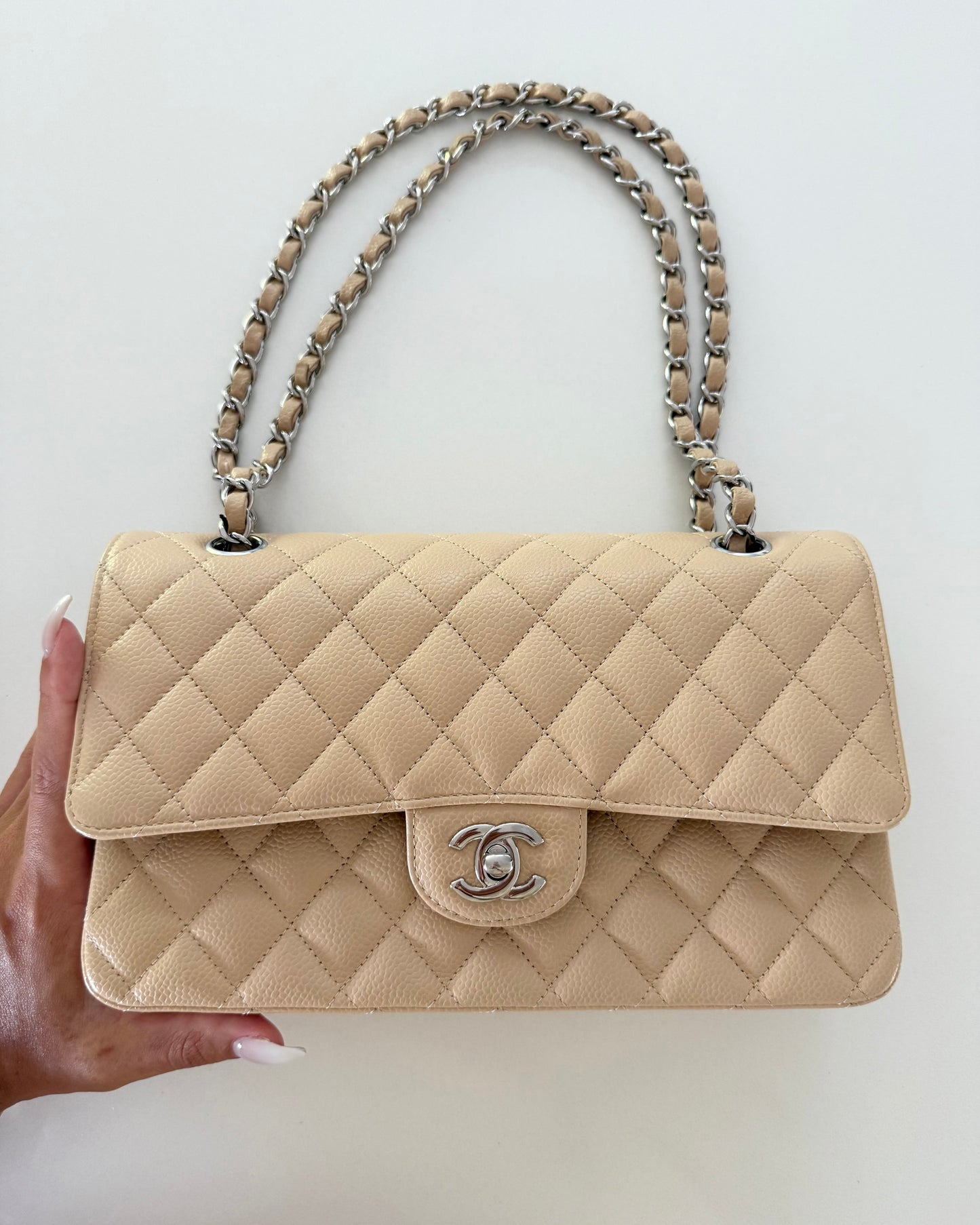 Chanel Limited Edition Beige Caviar Leather Classic Medium Double Flap