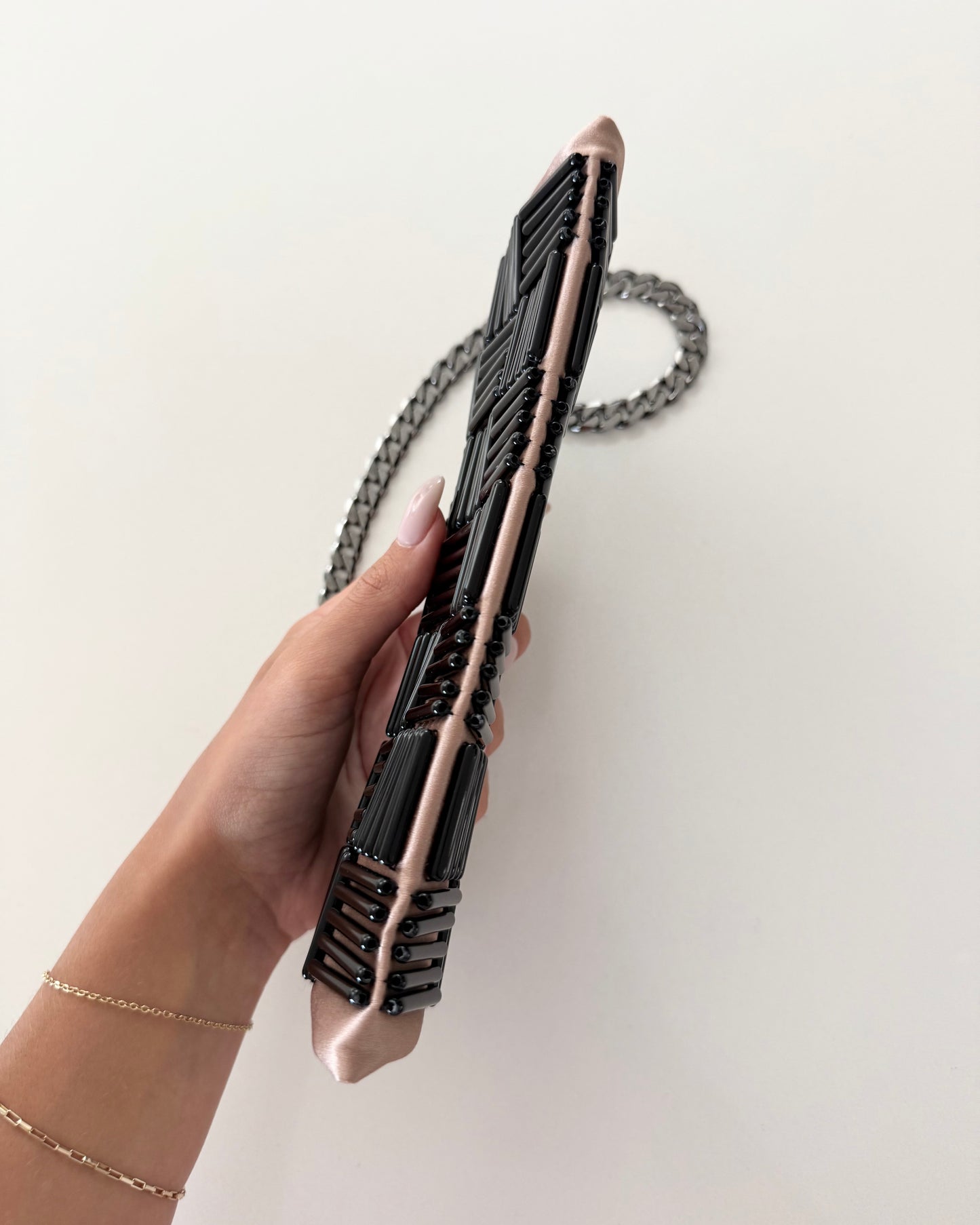 Chanel RARE Vintage Beige Logo Nameplate Satin Silk Beaded Red Carpet Gala Clutch
