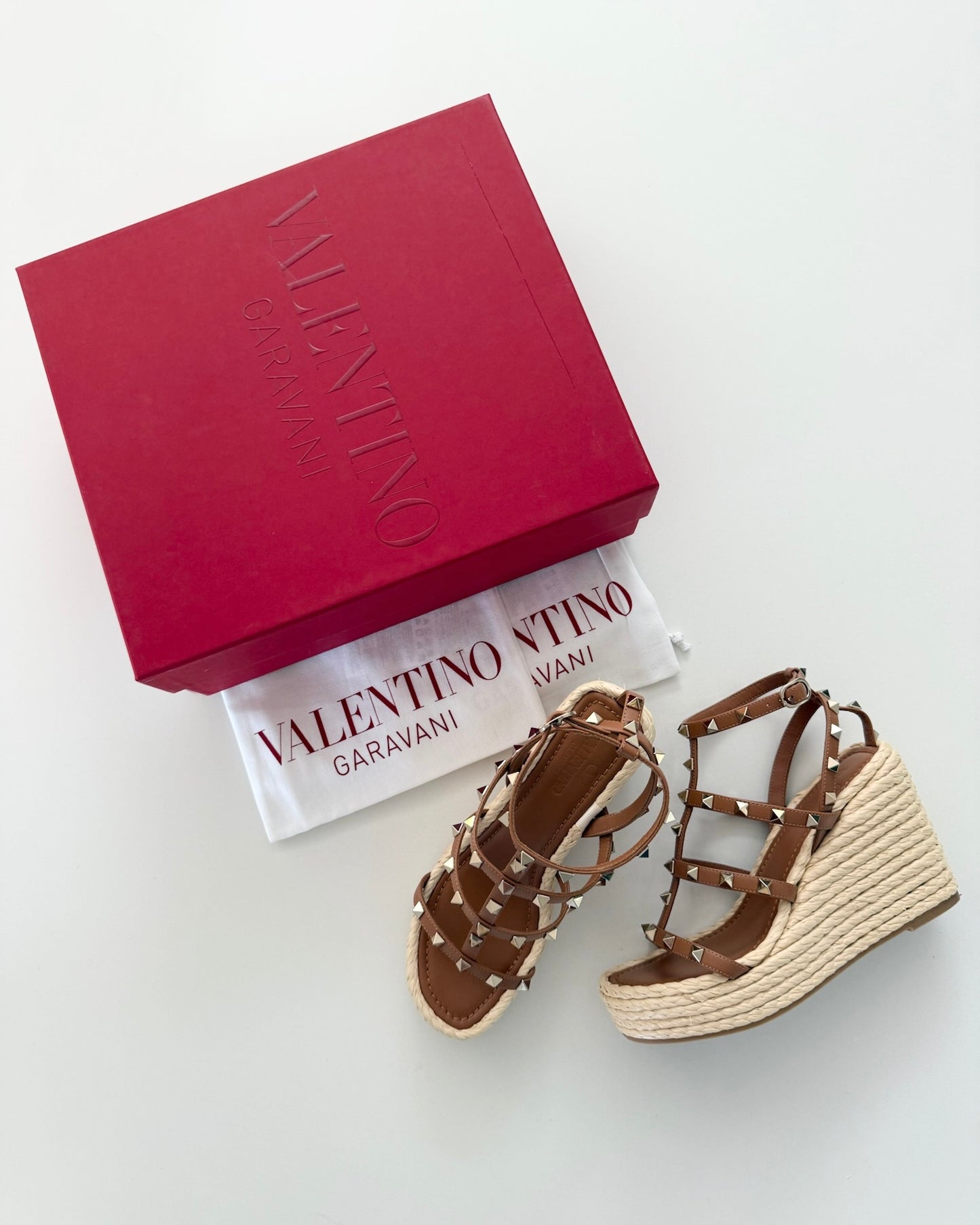 Valentino Tan Rockstud Ankle Wrap Raffia Wedges Size 37
