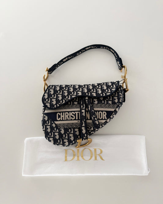 Christian Dior Blue Oblique Embroided Canvas Saddle Bag