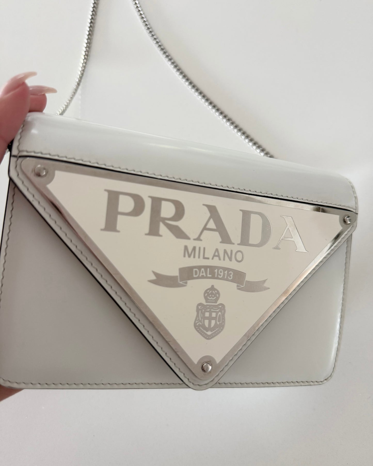 Prada White Maxi Triangle Logo Small Flap Bag