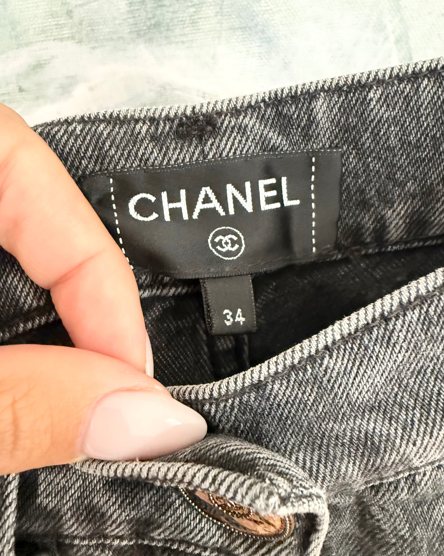 Chanel Runway 23B Dark Grey Logo Baggy Denim with Silver Sequin Logos on Back Pockets size 34