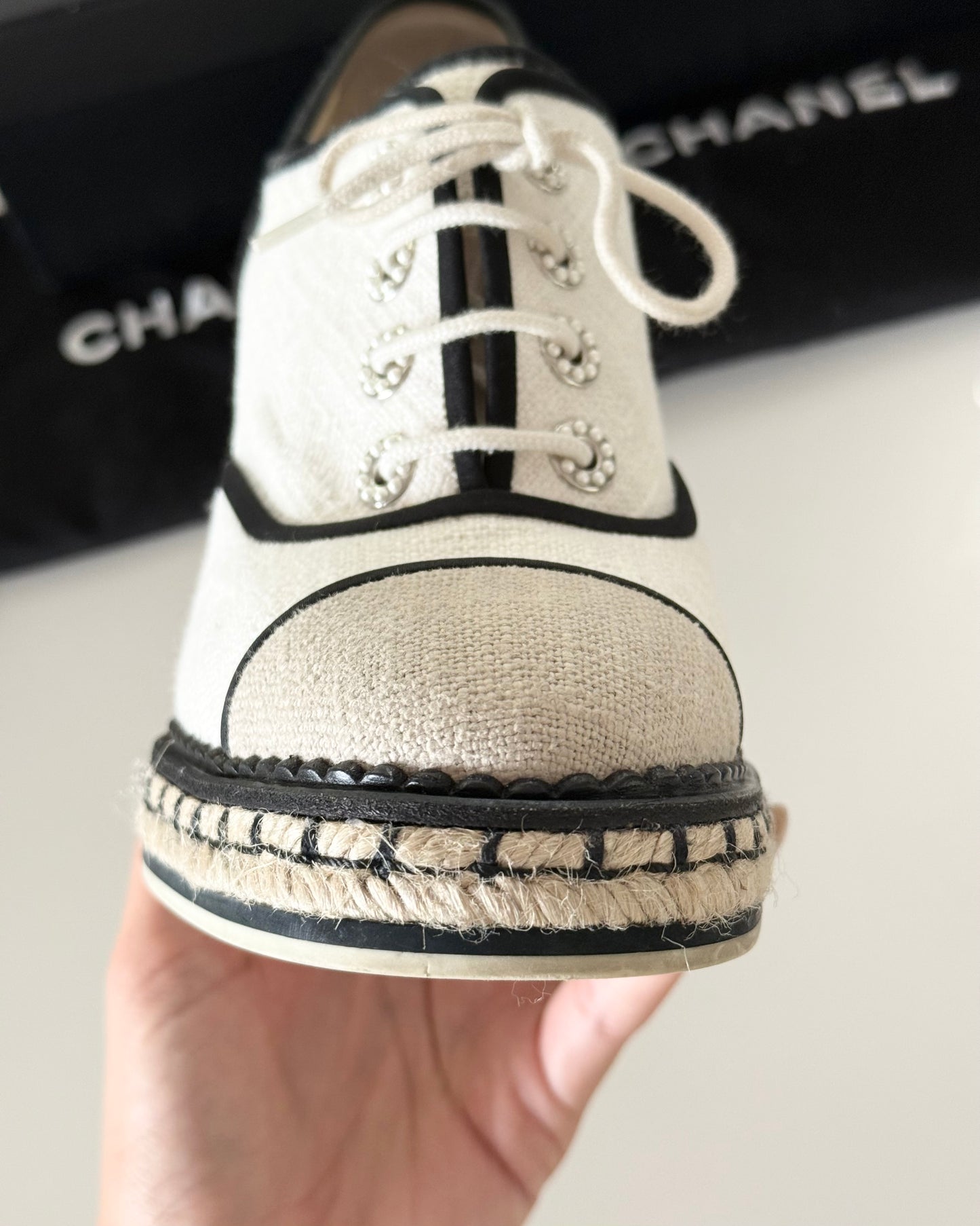 Chanel Ivory Canvas and Raffia Lace Up Wedge Espadrilles Size 40