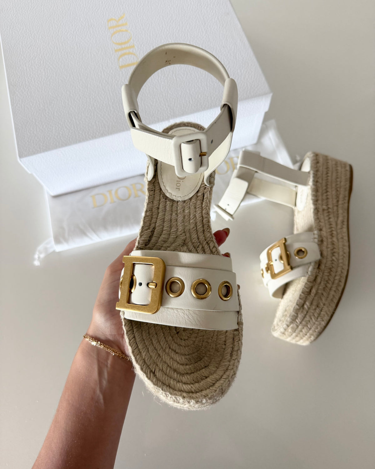 Christian Dior White D-Dior Wedged Platform Ankle Wrap Espadrilles Size 40