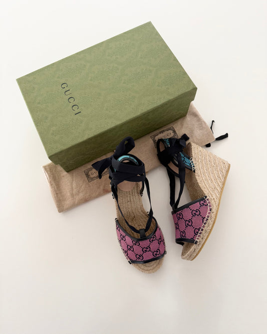 Gucci Pink Canvas Raffia Tie Wedges Size 38.5