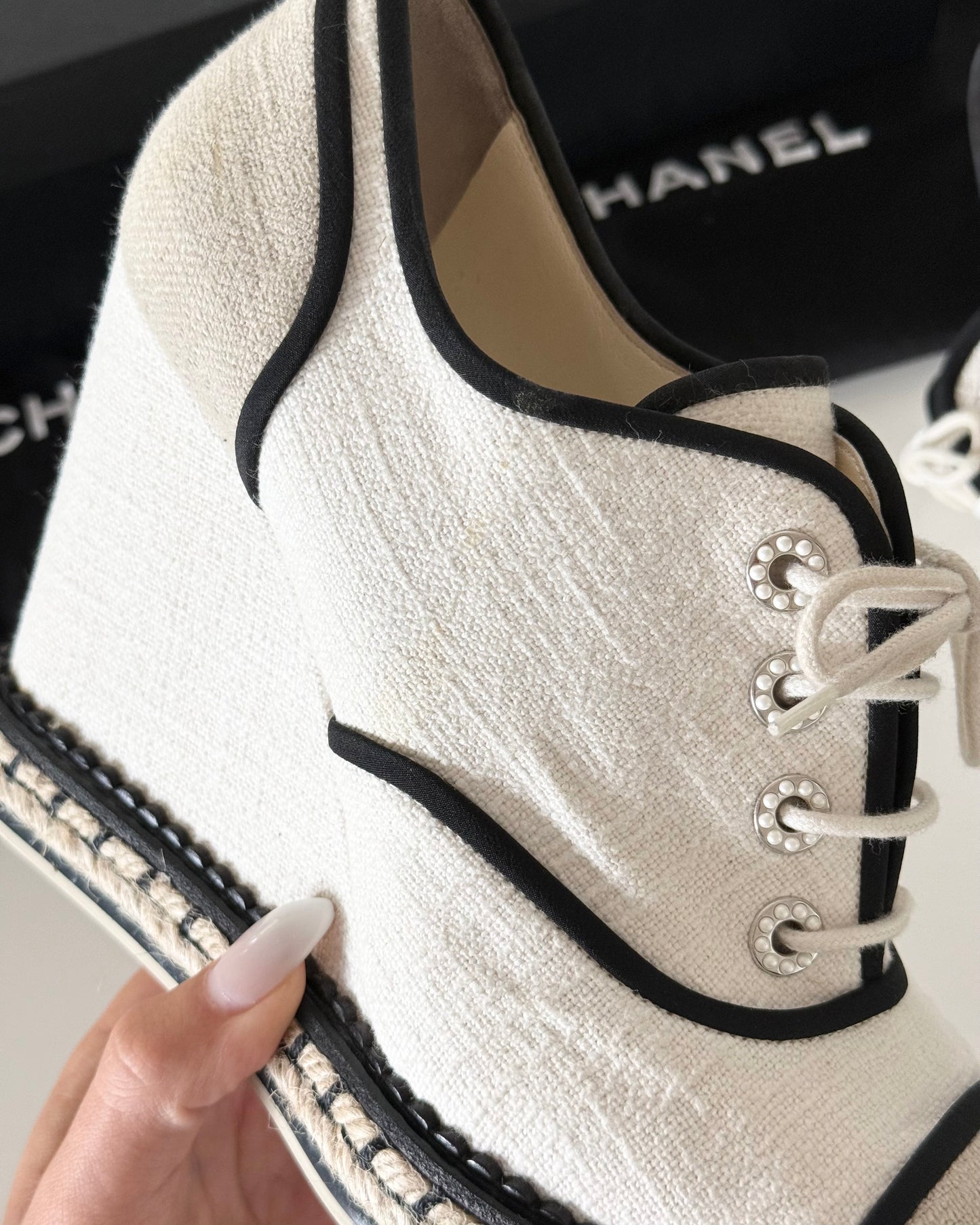 Chanel Ivory Canvas and Raffia Lace Up Wedge Espadrilles Size 40