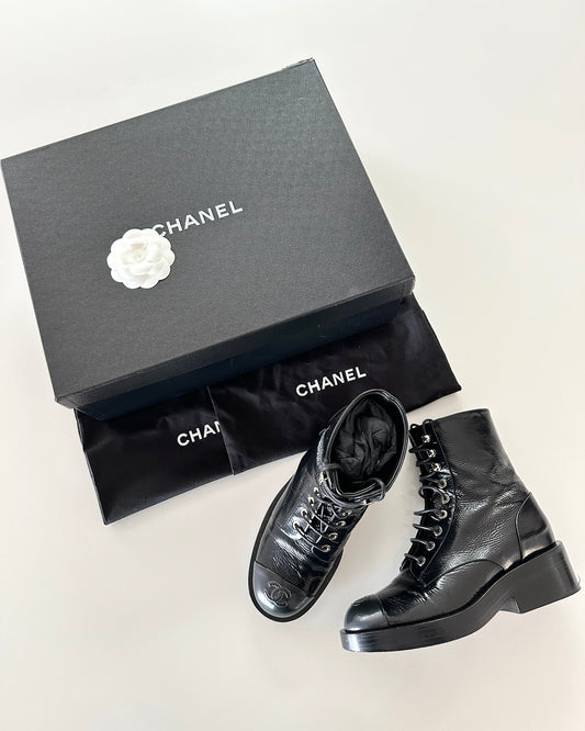 Chanel Black Shiny Goatskin and Dark Grey Lace Up Boots from 22A Size 36.5