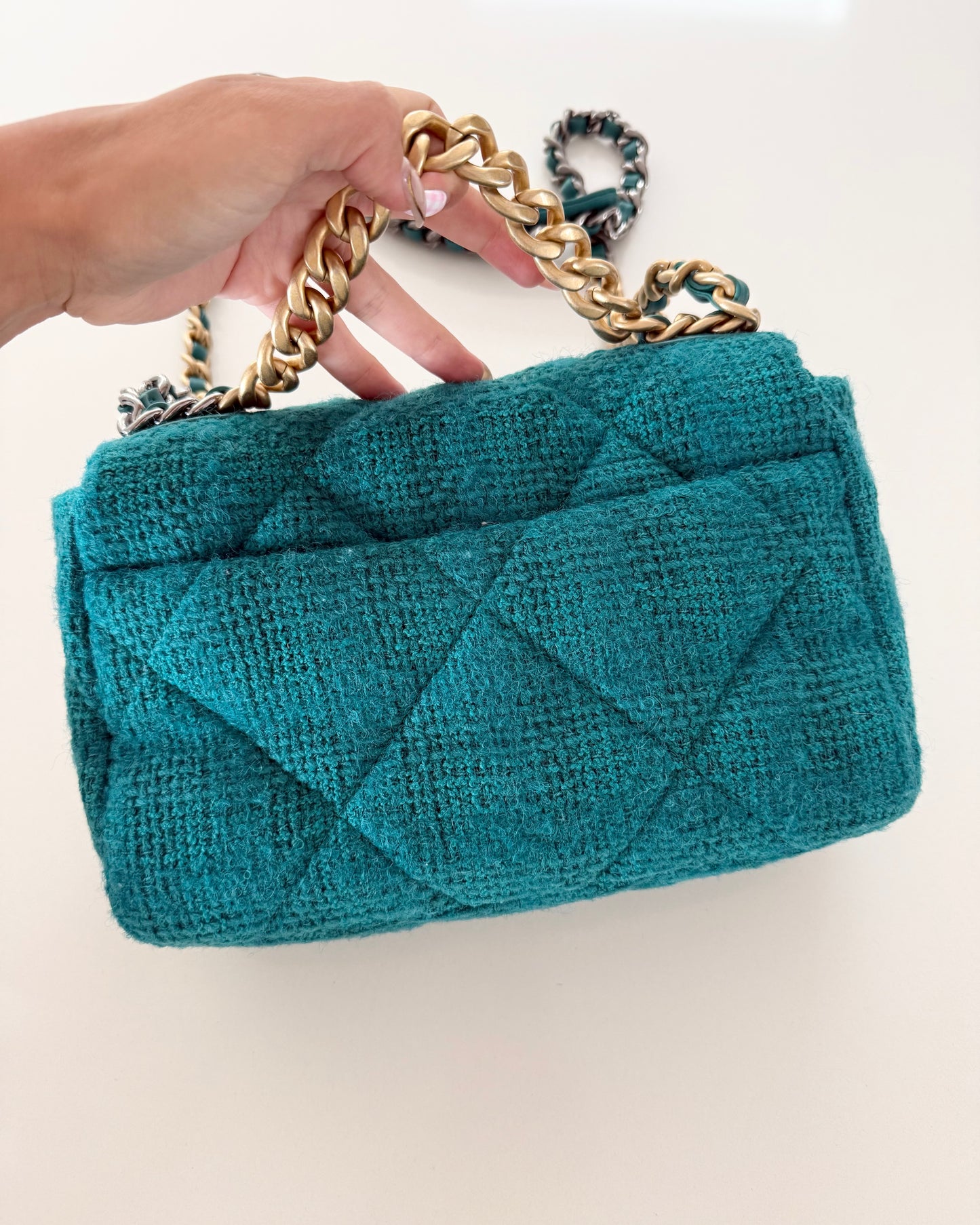 Chanel Teal Tweed Small 19 Bag