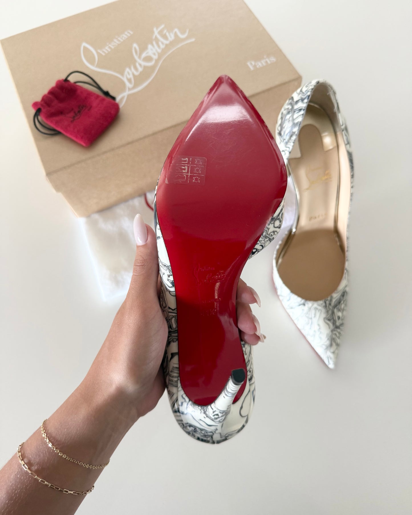 Christian Louboutin White Marbleized Iriza 100 Patent Heels size 41.5