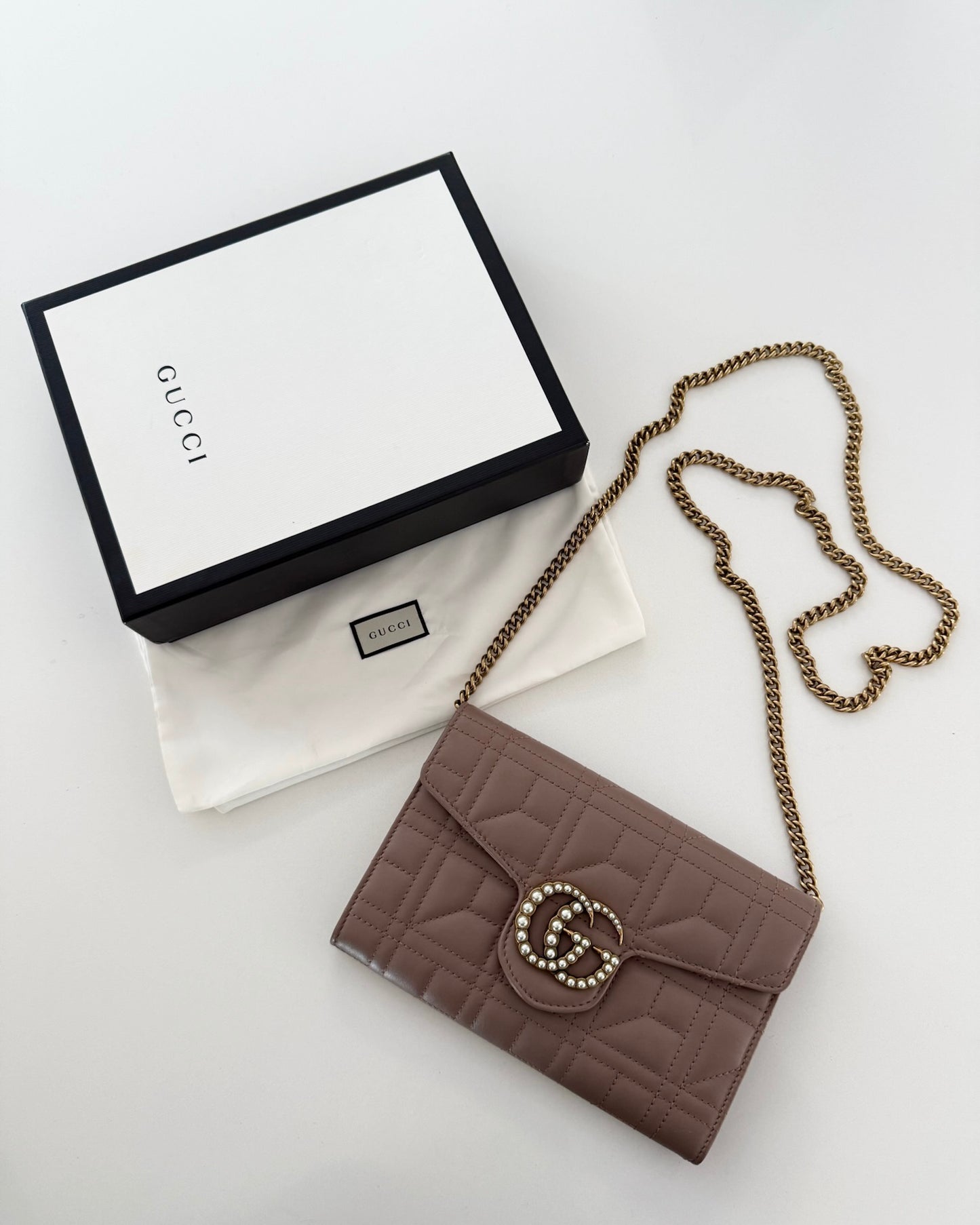 Gucci Limited Edition Dusty Rose and Pearl Logo Mini Marmont Chain Wallet
