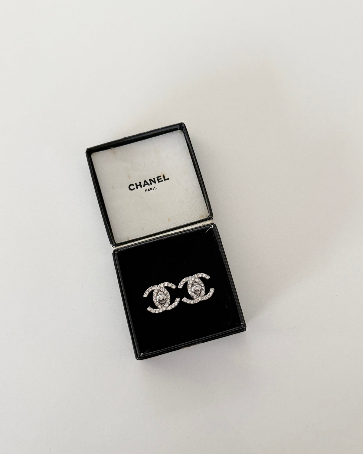 Chanel Vintage Crystal Silvertone Turnlock Clip Earrings