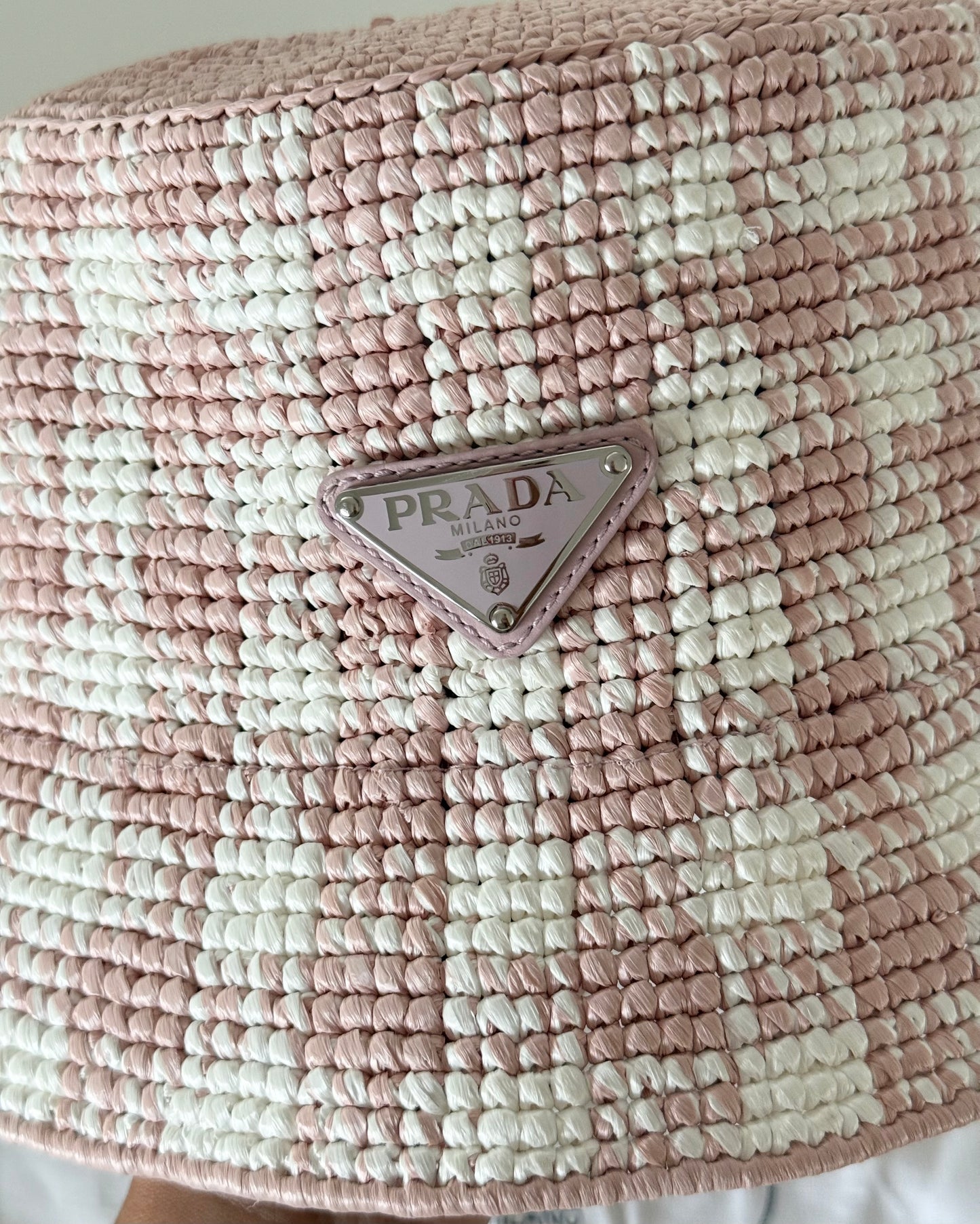Prada Pink and White Raffia Bucket Hat Size Small