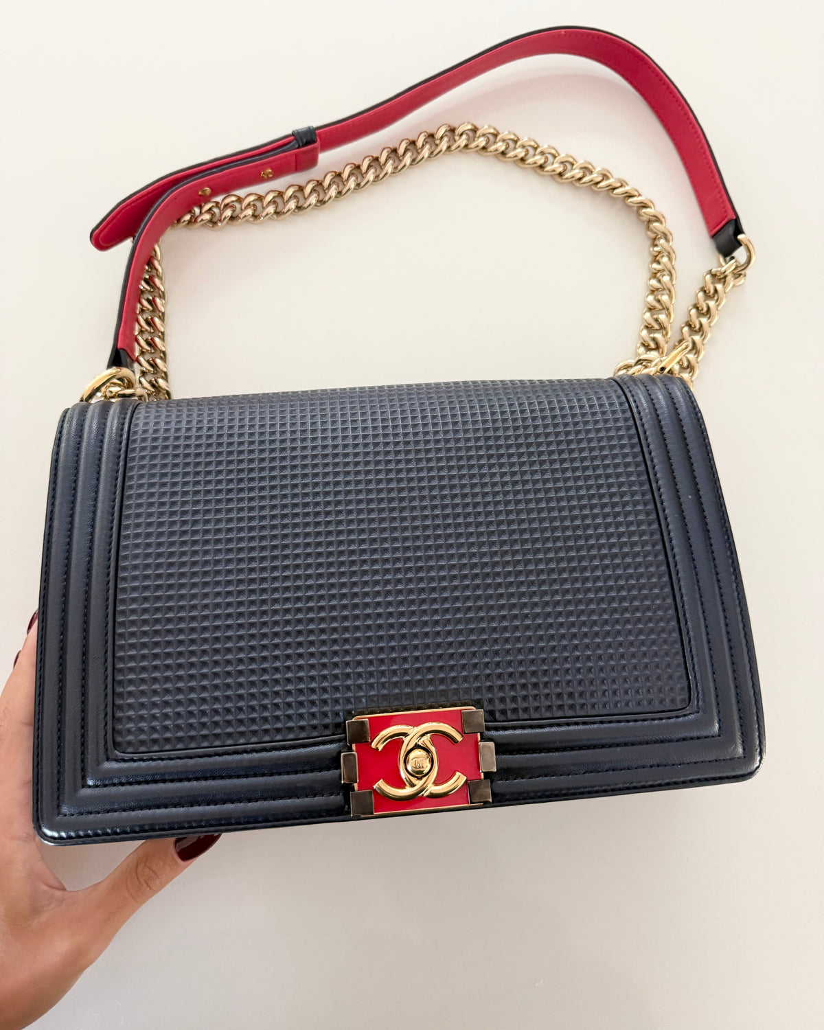 Chanel Navy with Red Accent Rare Cube Large Boy Bag 18 series from 2013-14