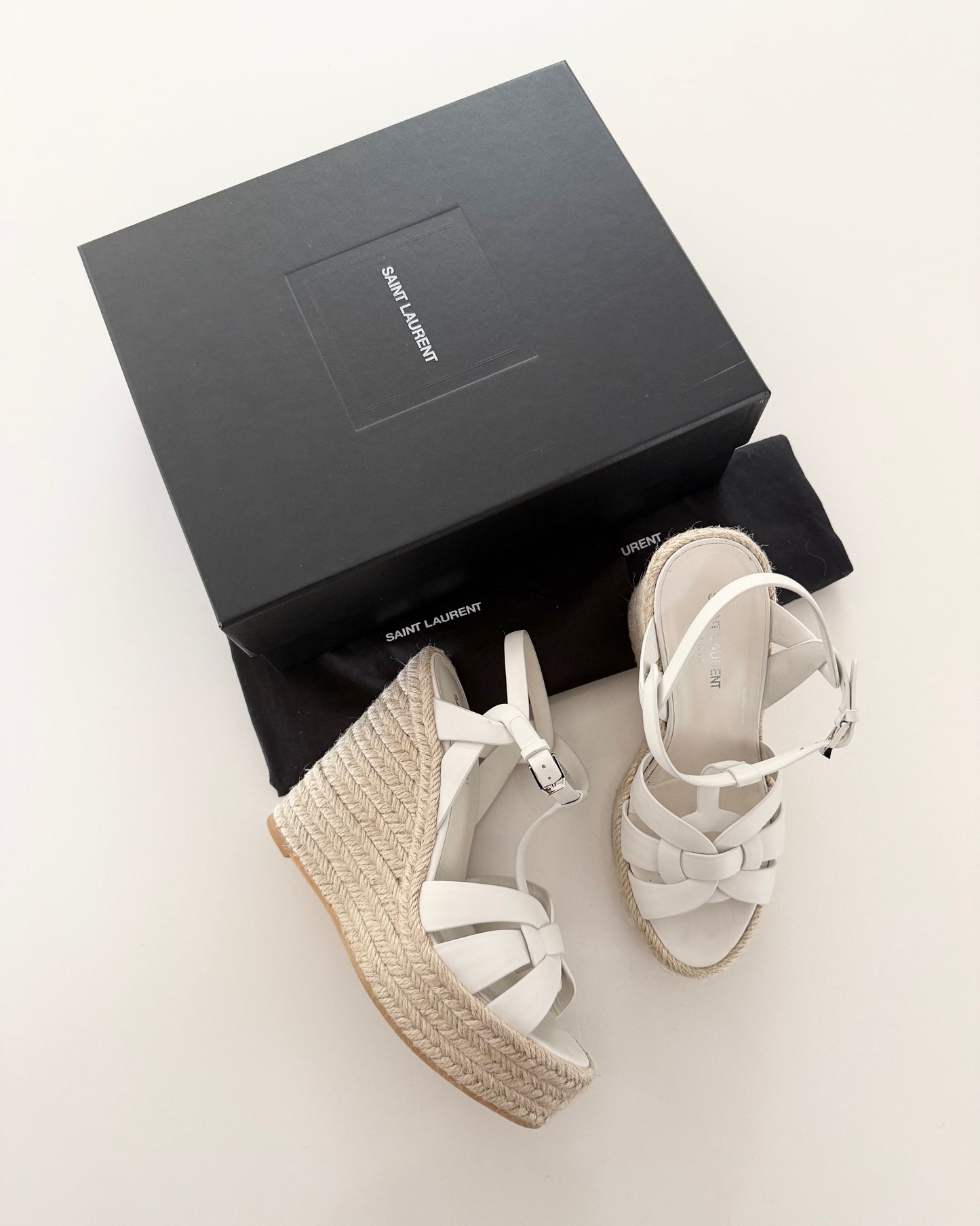 Saint Laurent White Leather Tribute Espardille 85 Wedges Size 40.5