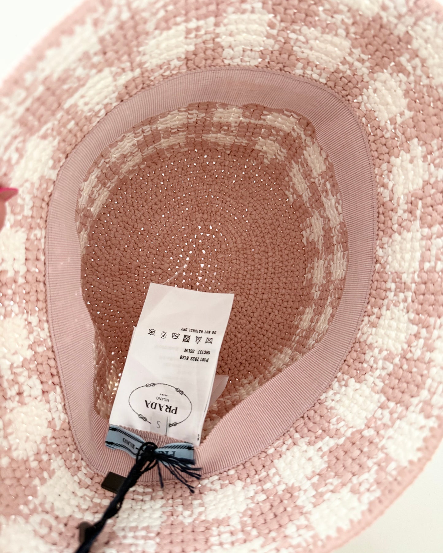 Prada Pink and White Raffia Bucket Hat Size Small
