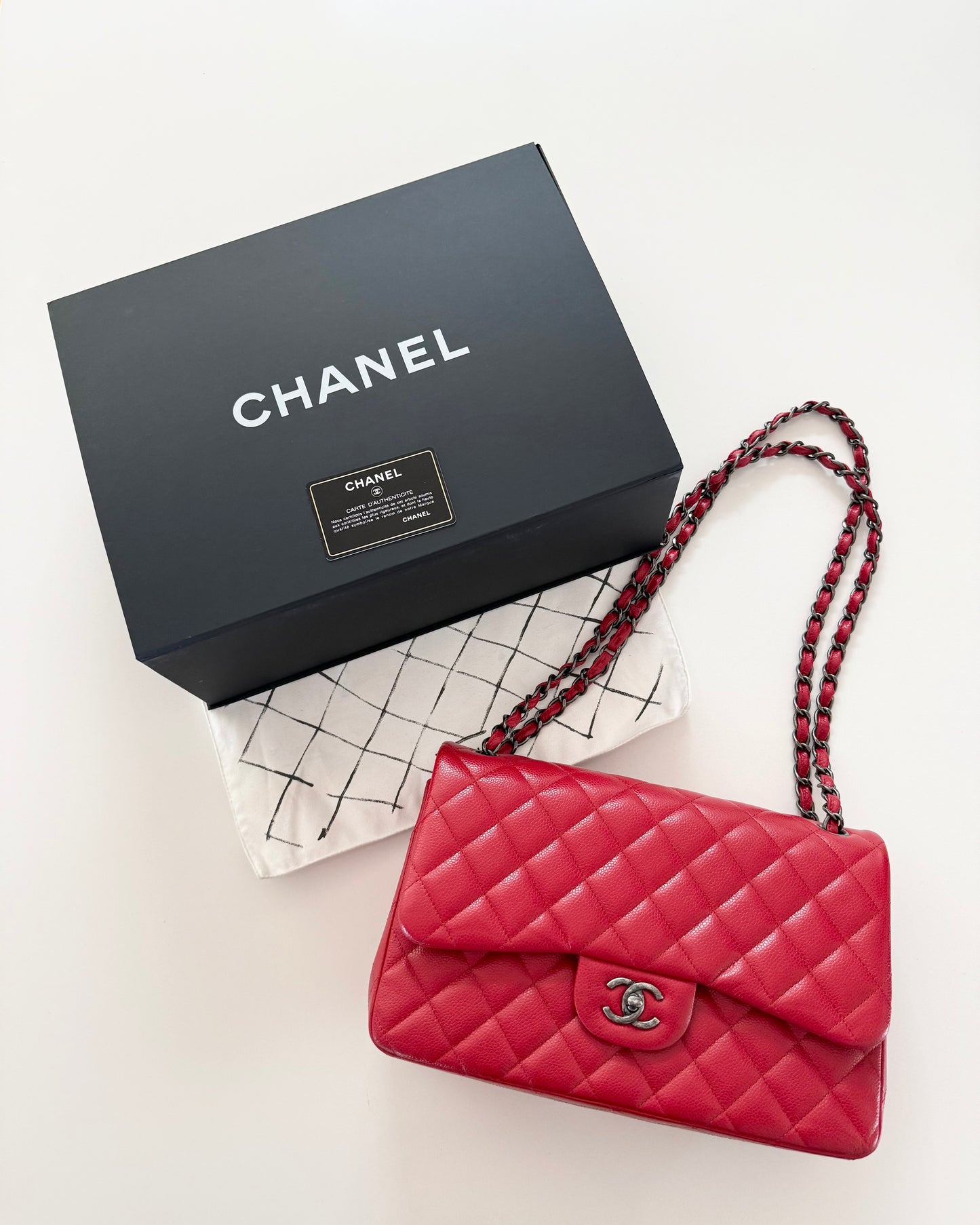 Chanel Red Caviar Quilted Jumbo with Ruthenium Hardware 21 series from 2015