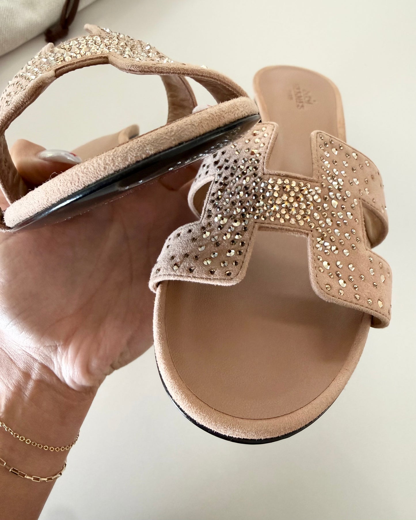 Hermes Suede Nude and Crystal Oasis Sandals size 37 new with box and dustbags