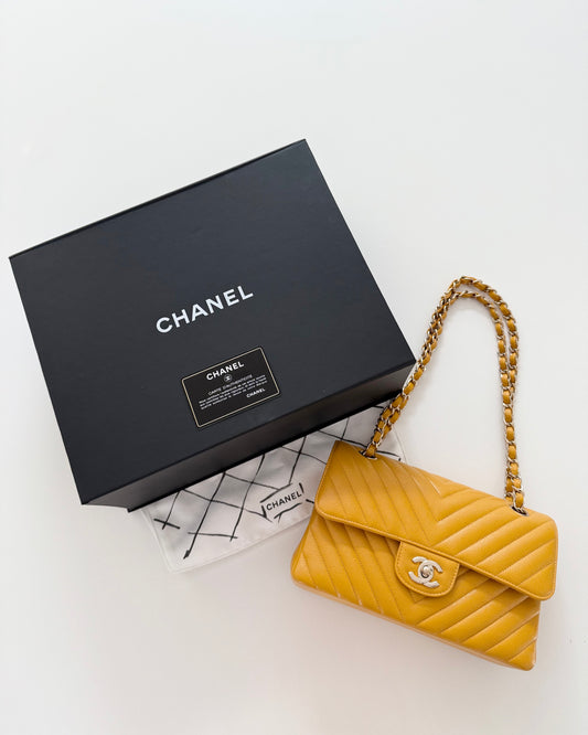 Chanel Dark Yellow Chevron Caviar Small Double Flap 30 series from 2020-21