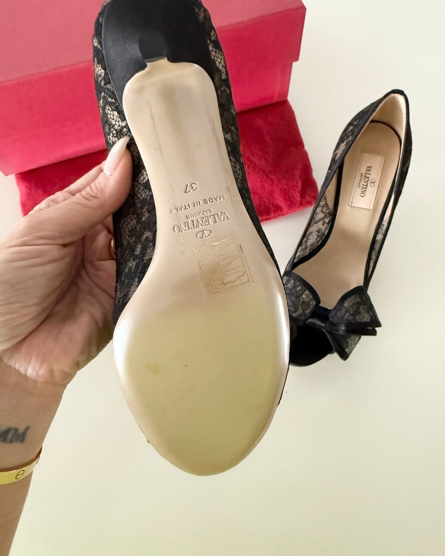 Valentino Black Lace Bow Peep Toe Kitten Heels Size 6.5/37