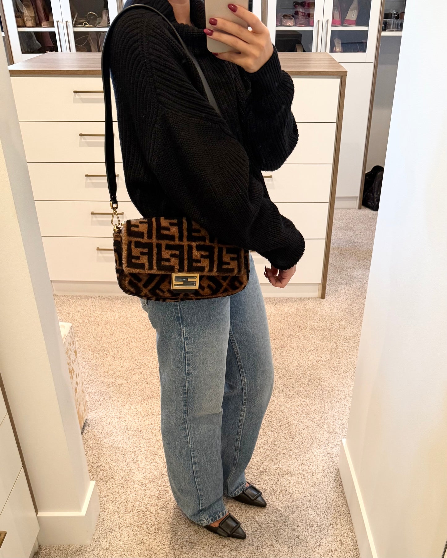 Fendi Limited Edition Shearling Macro FF Black/Tobacco Baguette