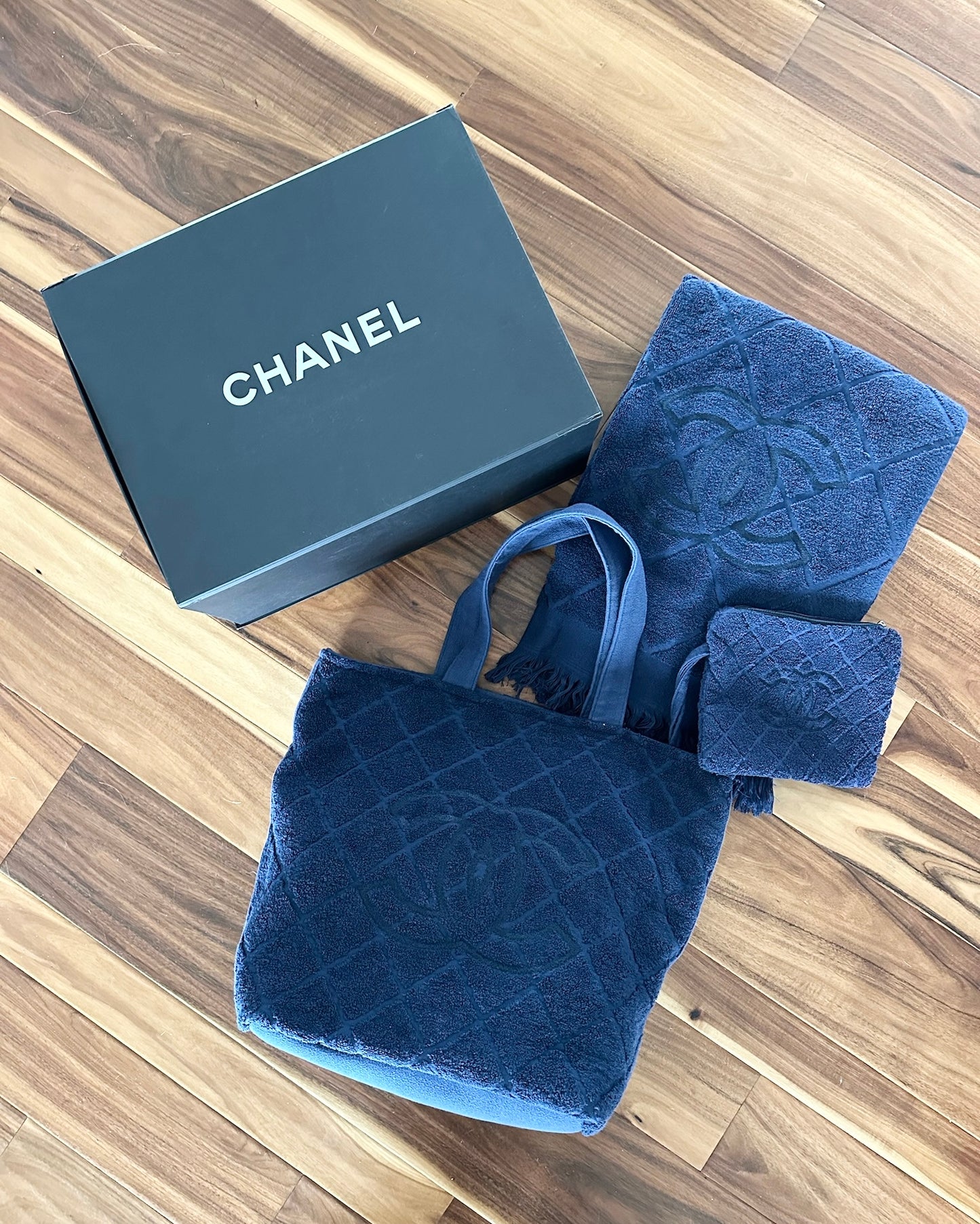 Chanel Navy Terry Cloth Beach Bag/Towel/Pouch Set