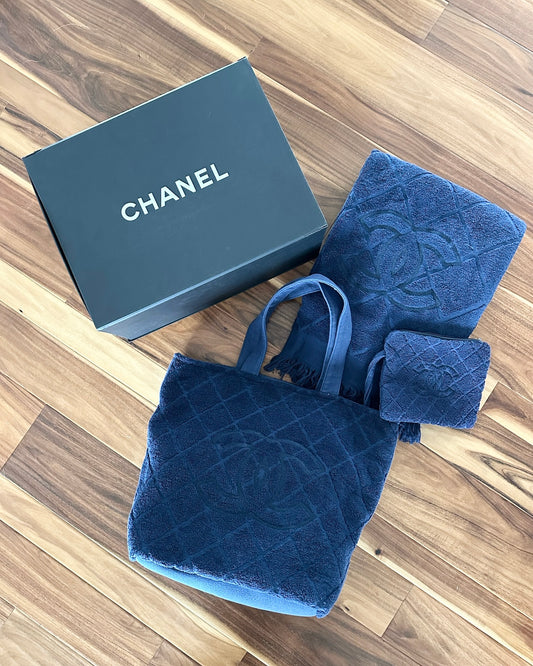 Chanel Navy Terry Cloth Beach Bag/Towel/Pouch Set